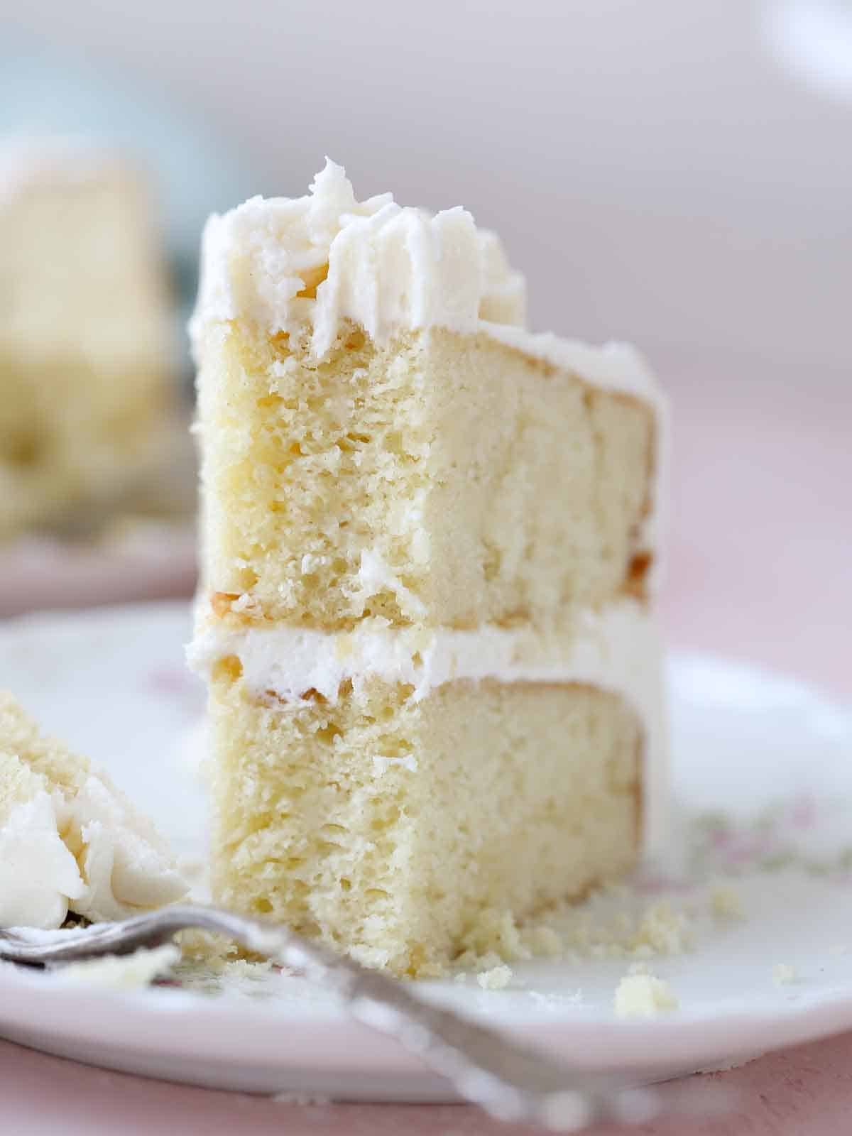 slice of vanilla cake upright on plate. 