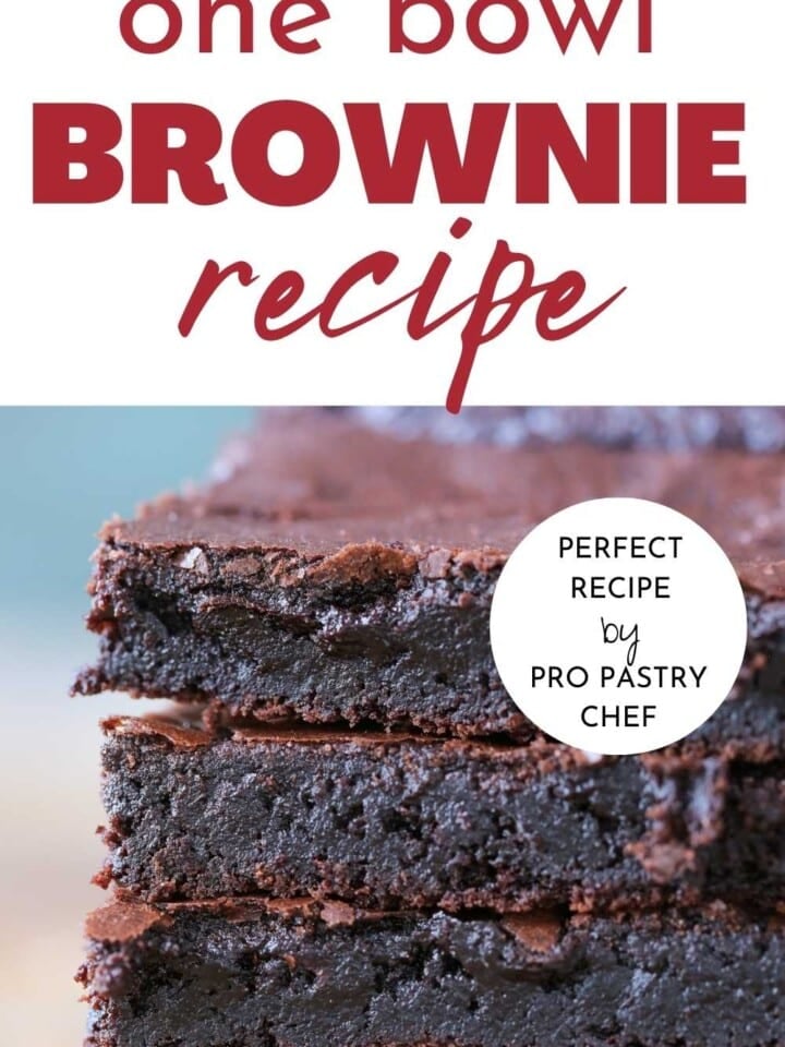 stack of brownies with text overlay.