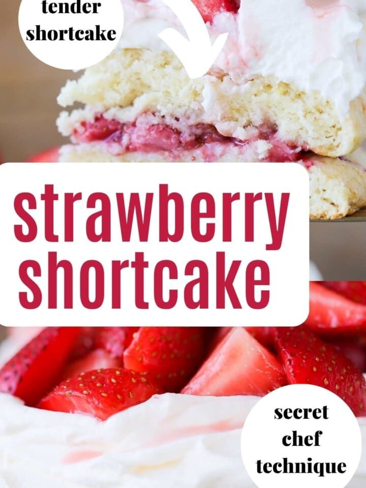 two photos of strawberry shortcake with text overlay.