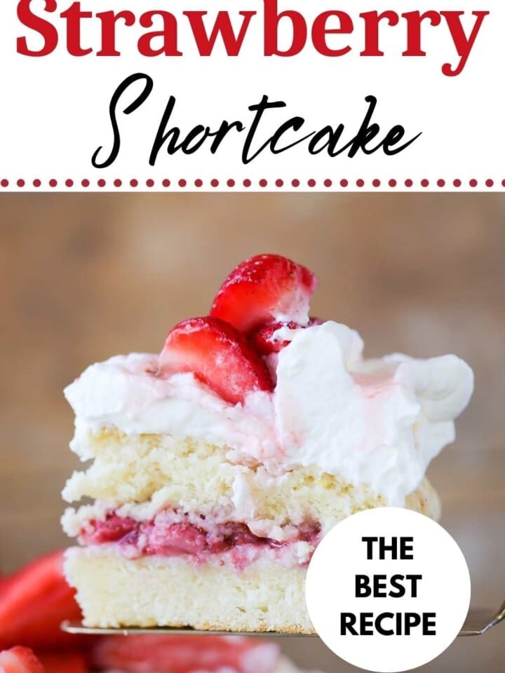 slice of strawberry shortcake with text overlay.