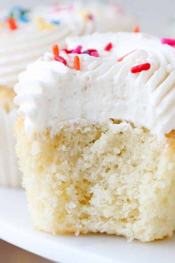 soft moist vanilla cupcakes with fluffy frosting.