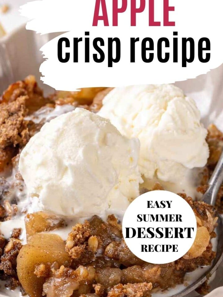 apple crisp with ice cream and text overlay.