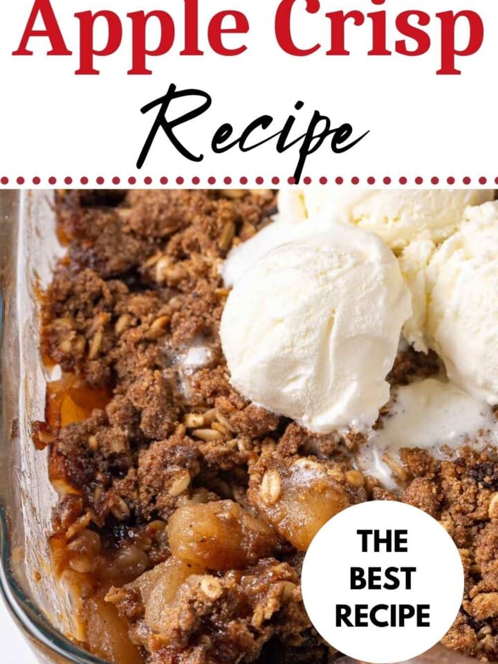 apple crisp in baking dish with ice cream and text overlay.