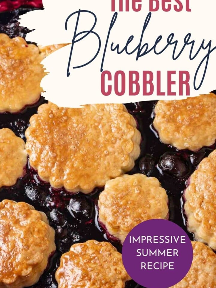 baked blueberry cobbler with text overlay.