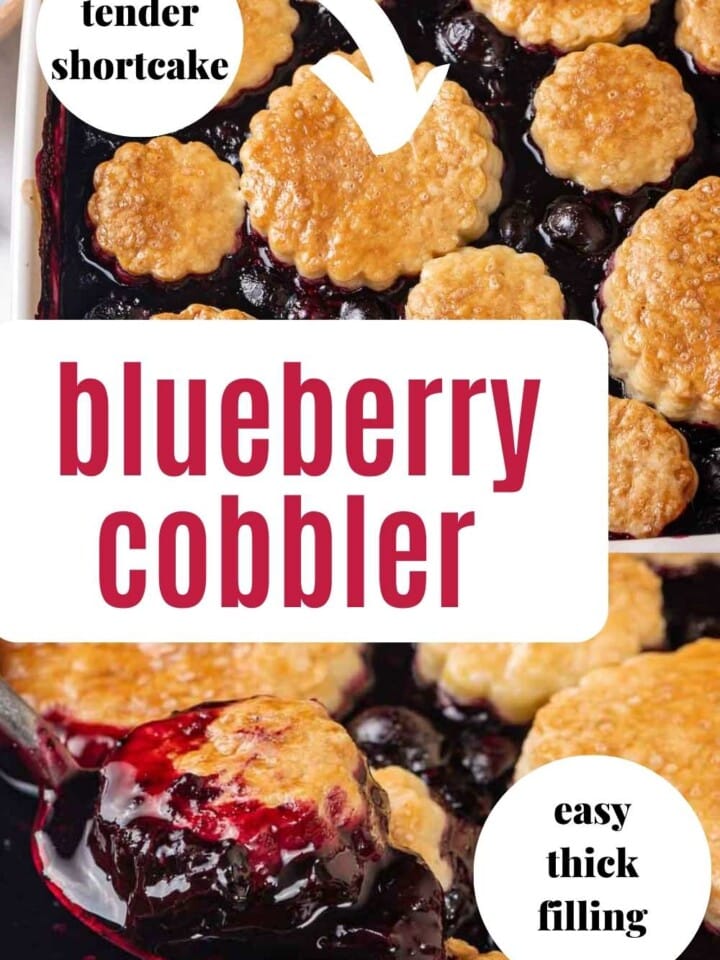 two pictures of blueberry cobbler with text overlay.