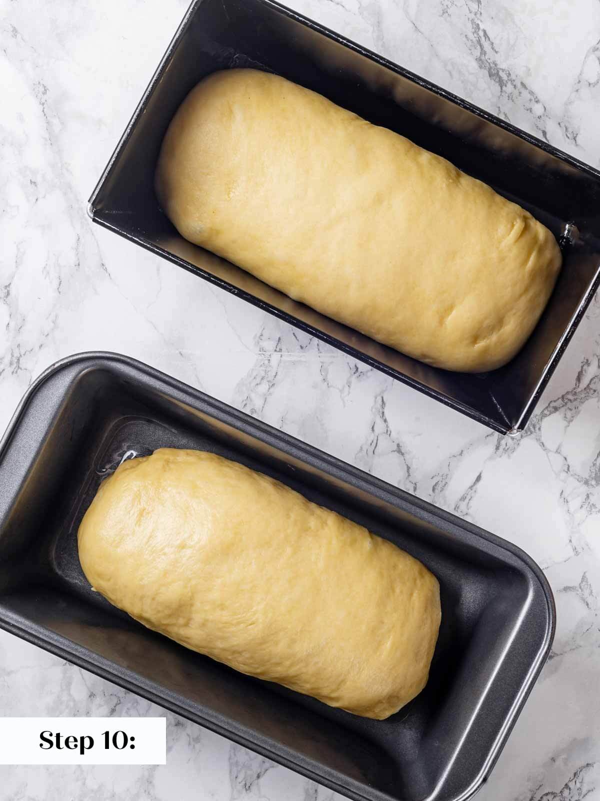 Brioche dough placed in loaf pans.