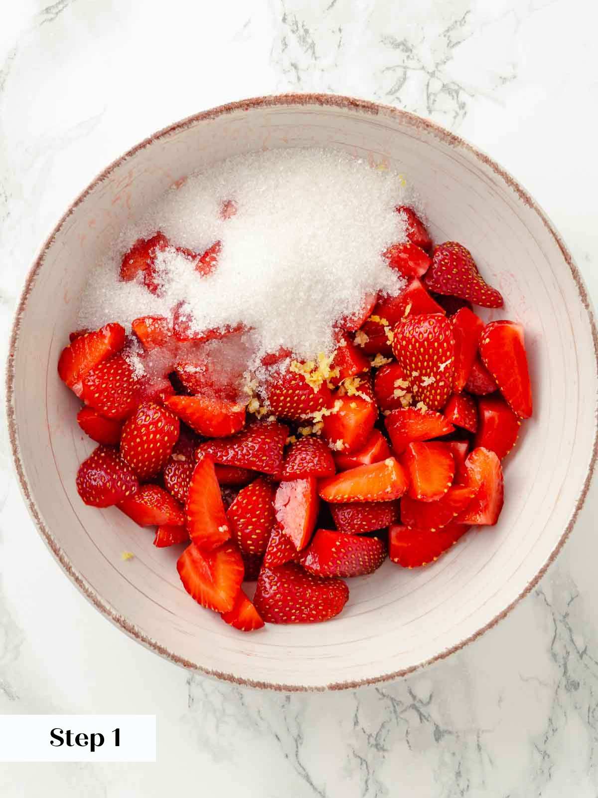 ingredients for macerated strawberries in bowl.