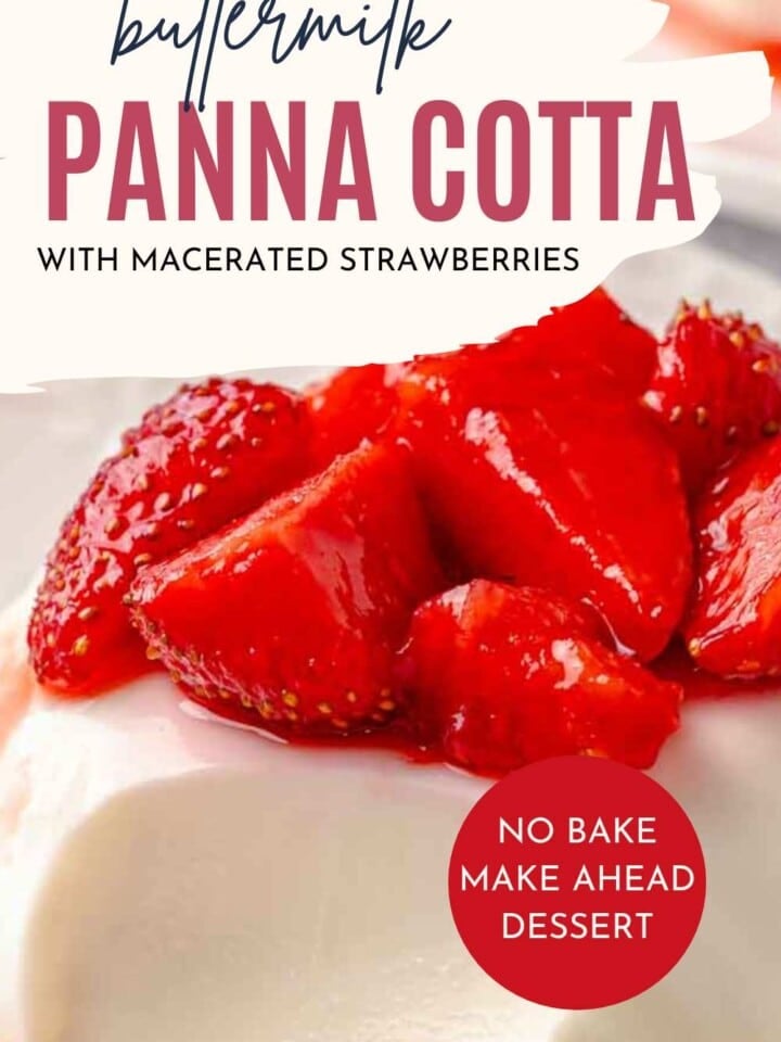 photo of white panna cotta with sliced strawberries with text overlay.