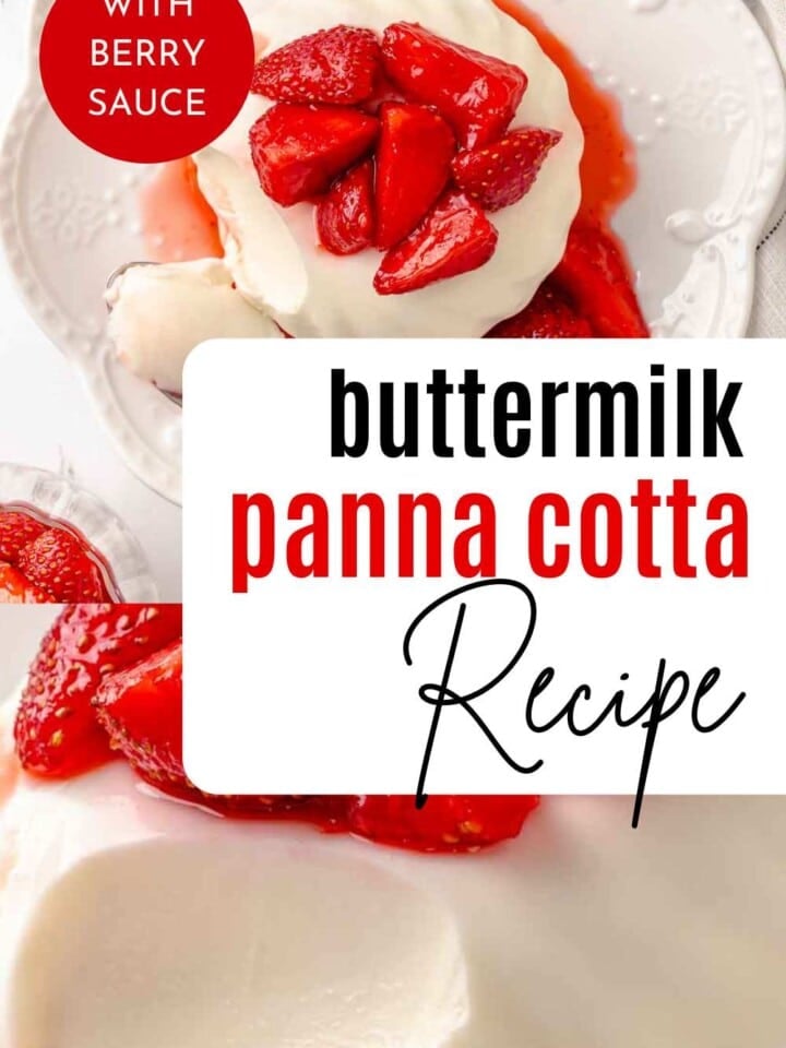 2 photos of white panna cotta with sliced strawberries with text overlays.