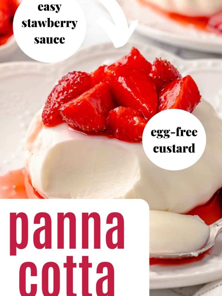 photo of white panna cotta with sliced strawberries with text overlays.