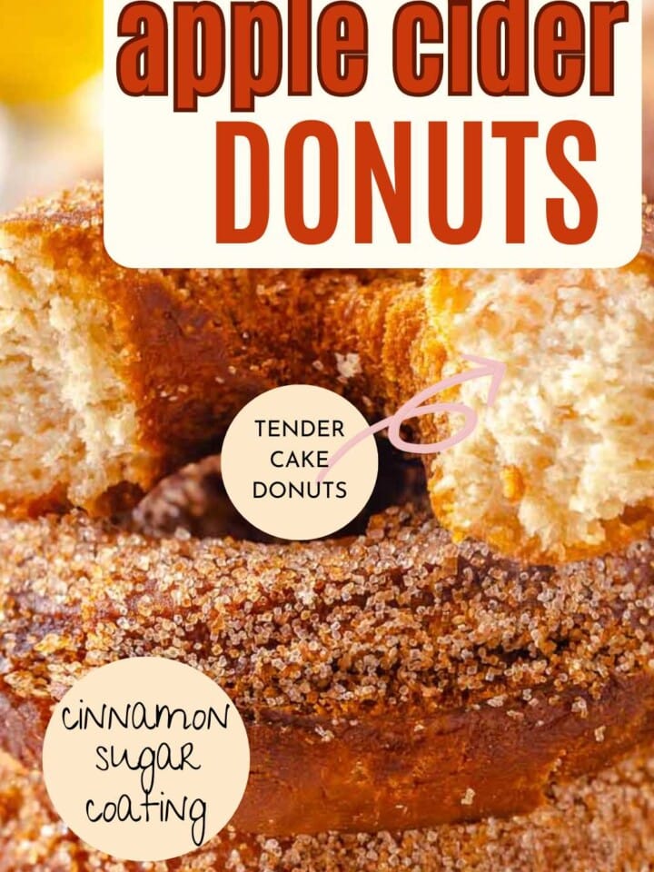 apple cider donuts stacked with text overlay.