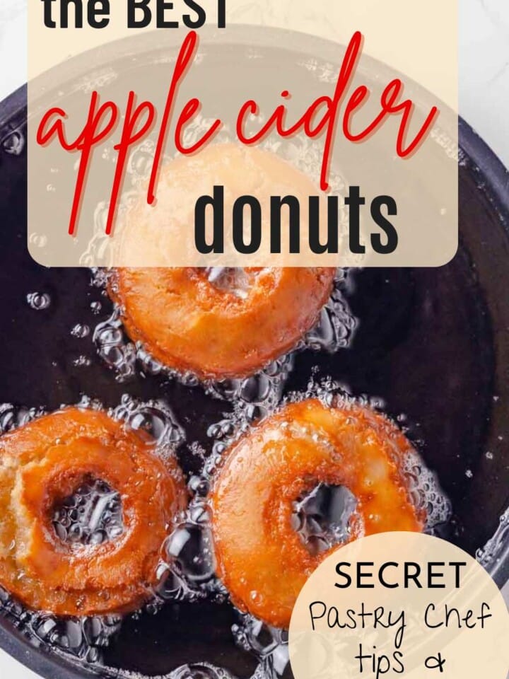 apple cider donuts frying with text overlay.