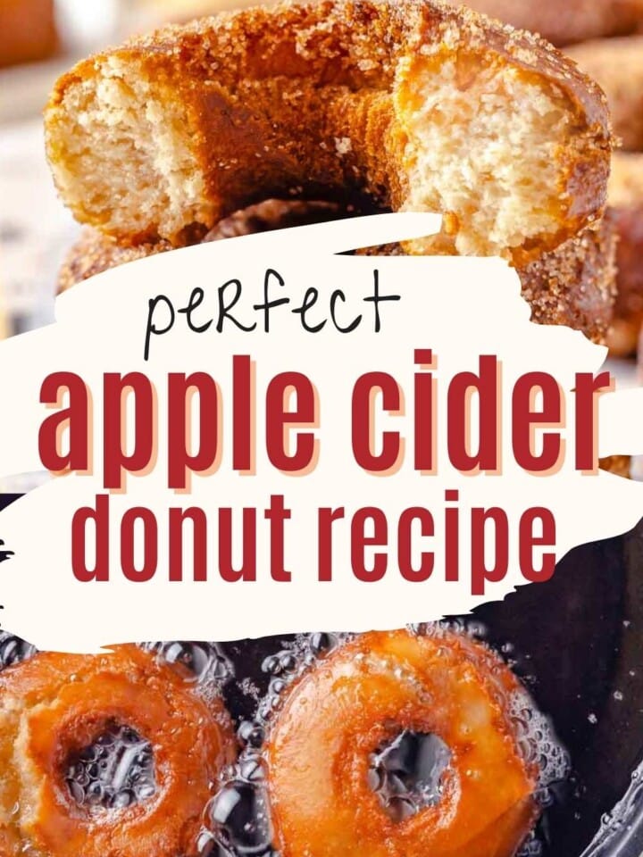 two photos of apple cider donuts frying and stacked with text overlay.