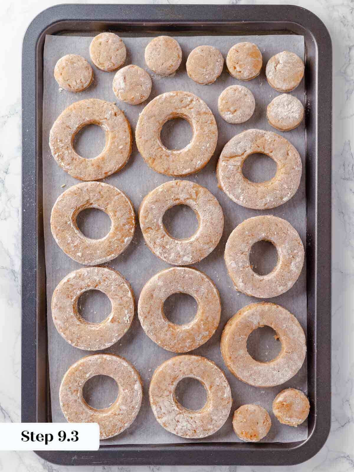 Unfried cut donut circles for apple cider donuts.