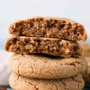 A cinnamon sugar cookie broken in half, showing the inside texture.