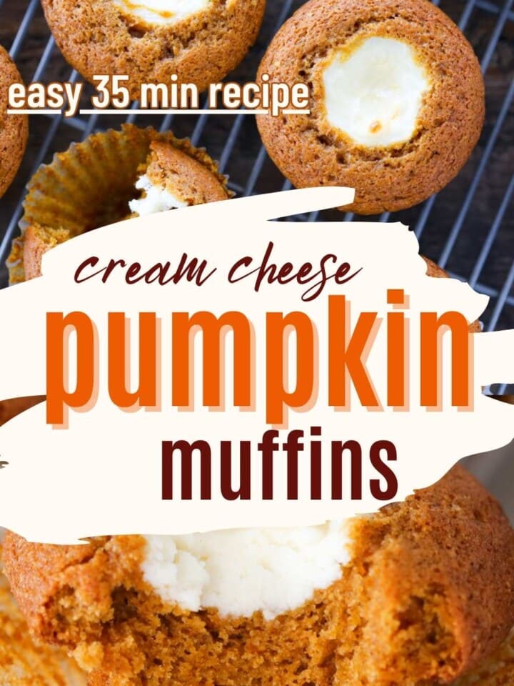 two pictures of pumpkin cream cheese muffins and text overlay.