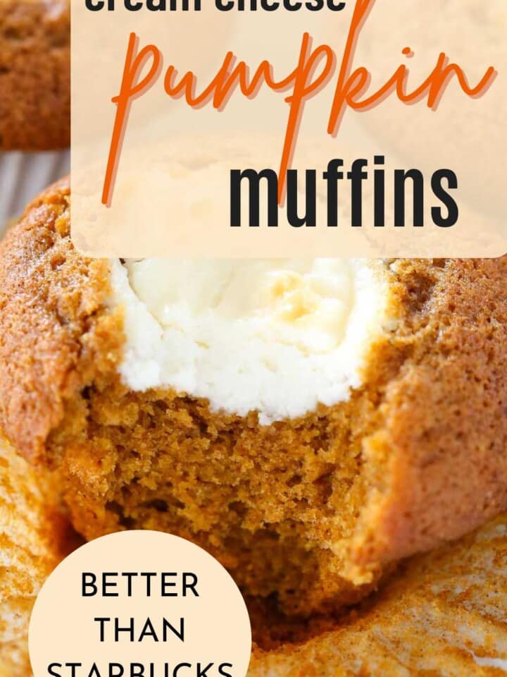 cream cheese filled pumpkin muffin unwrapped with bite and text overlay.