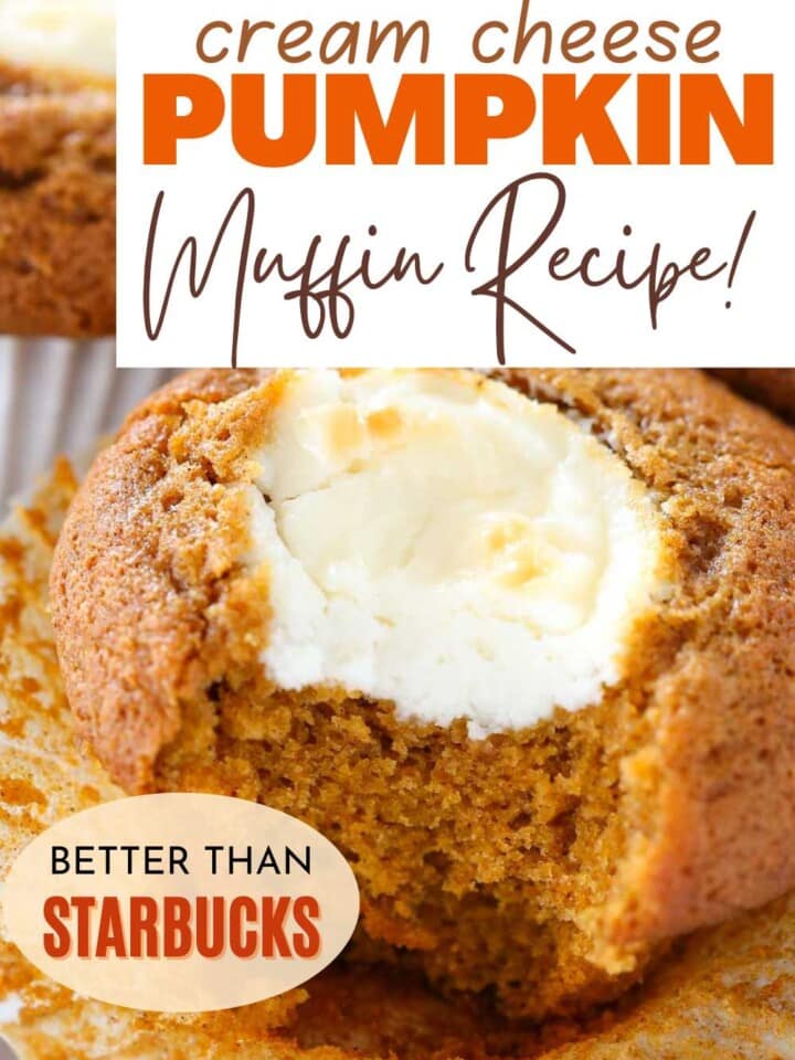 pumpkin cream cheese muffin with bite with text overlay.