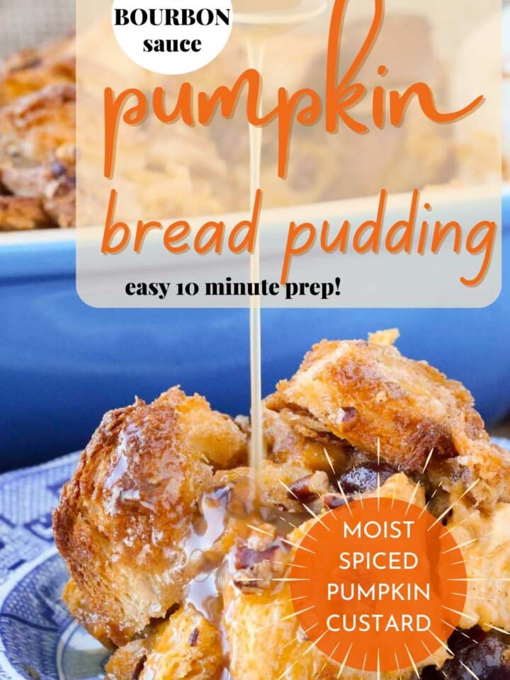 pumpkin bread pudding with sauce and text overlay.