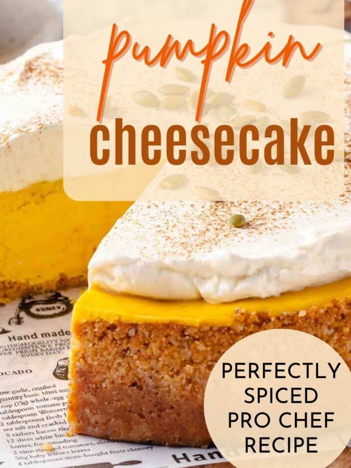 whole pumpkin cheese cake with whipped cream and pepitas with text overlay.