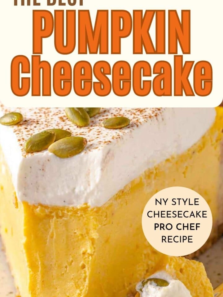 slice of pumpkin cheese cake with whipped cream and pepitas with text overlay.