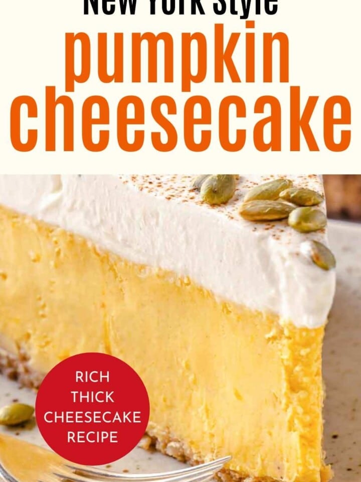 slice of pumpkin cheese cake with whipped cream and pepitas with text overlay.