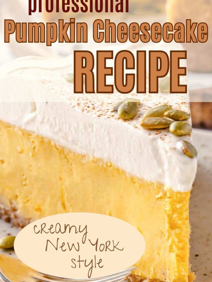 slice of pumpkin cheese cake with whipped cream and pepitas with text overlay.