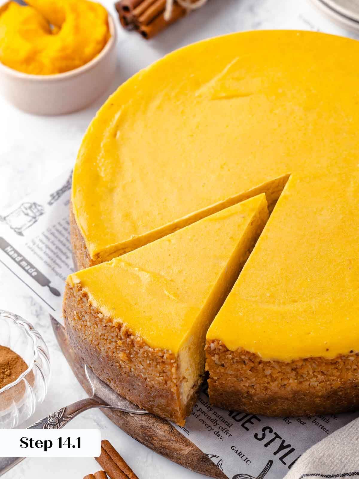 A sliced pumpkin cheesecake.