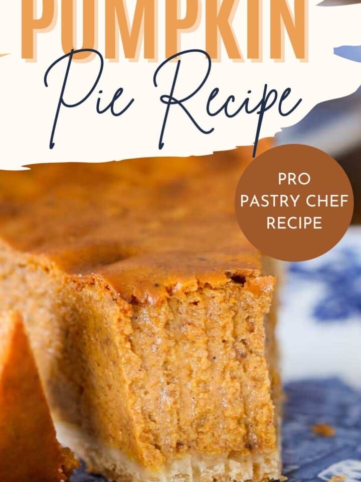 slice of pumpkin pie with bite on fork with text overlay.