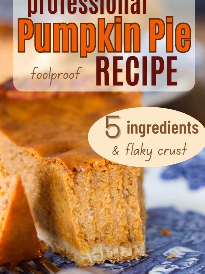 slice of pumpkin pie with bite on fork with text overlay.