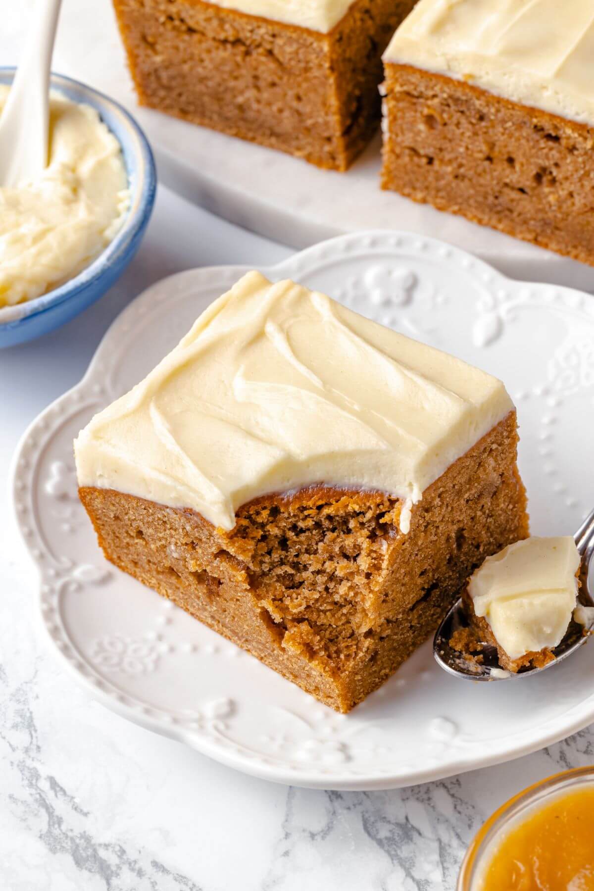 interior texture of brown butter applesauce cake.