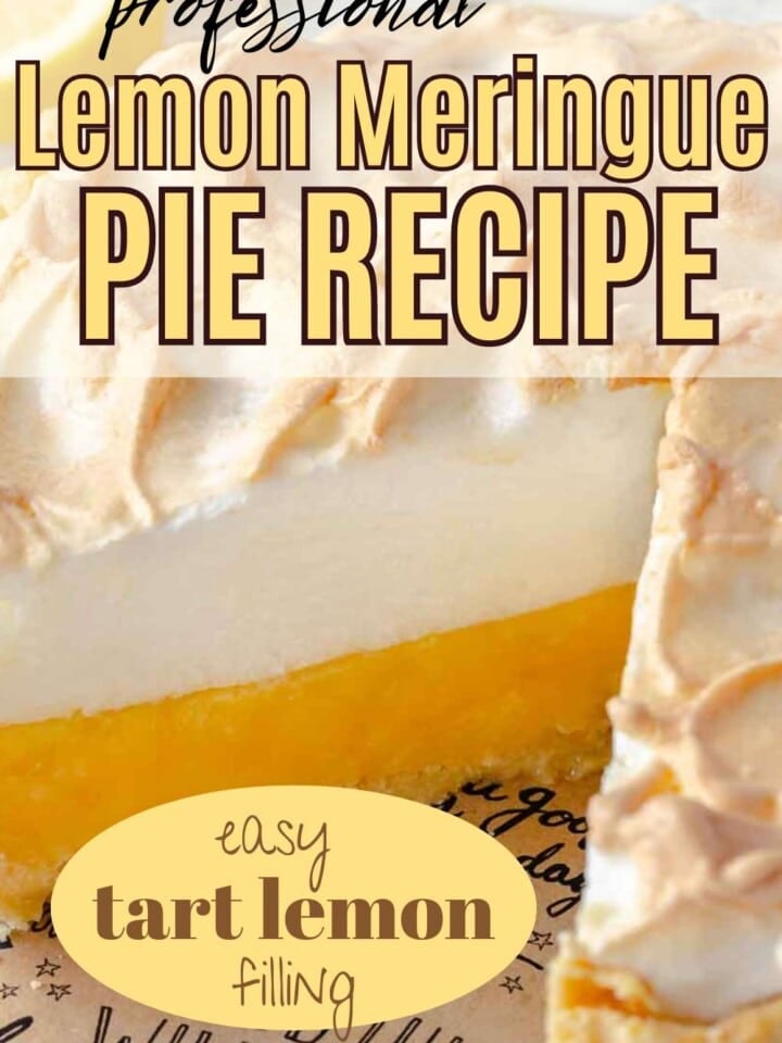 sliced lemon meringue pie in tin with text.