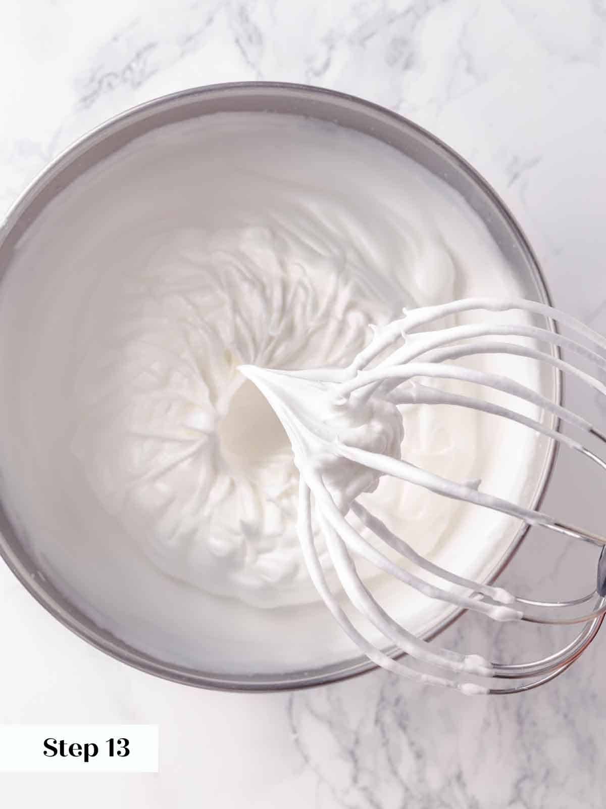 Soft peaks of whipped meringue in a bowl, ready to be used for pie topping.