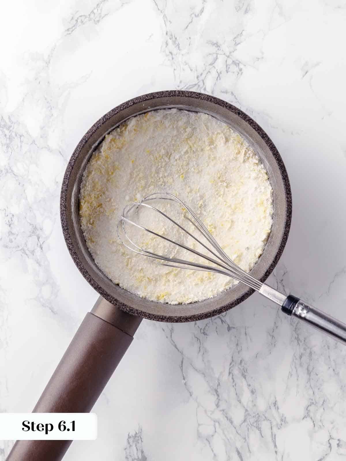 Different types of sugars being whisked together in a mixing bowl for the pie filling.