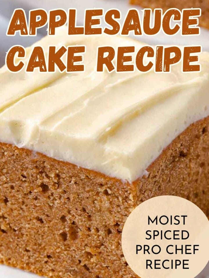 slice of applesauce cake with frosting and text overlay.