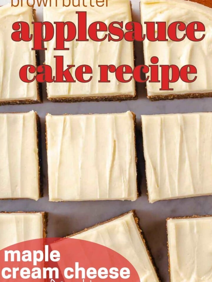 slices of applesauce cake with frosting and text overlay.