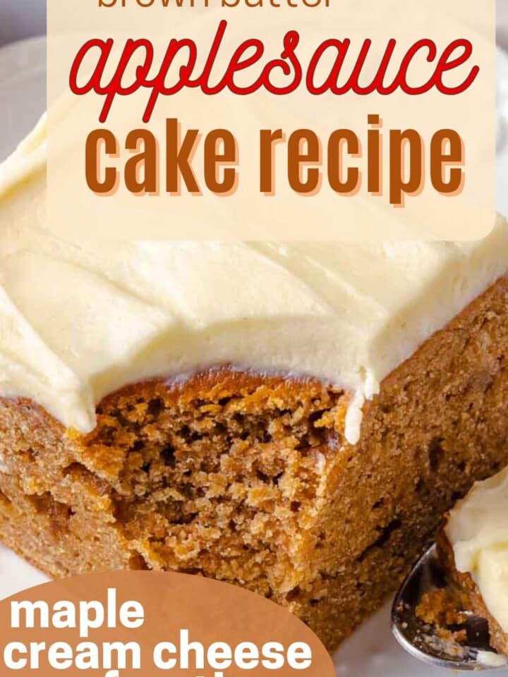 slice of applesauce cake with frosting and text overlay.