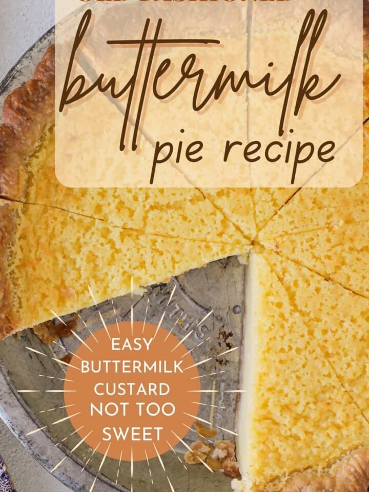 sliced buttermilk pie in vintage tin with text overlay.