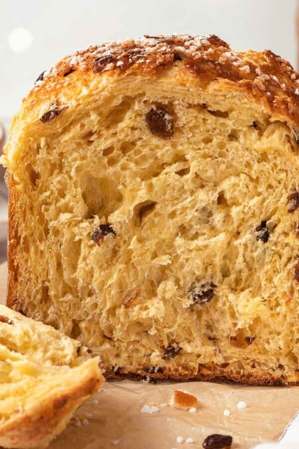 A detailed view of the airy and fluffy interior of a baked panettone.