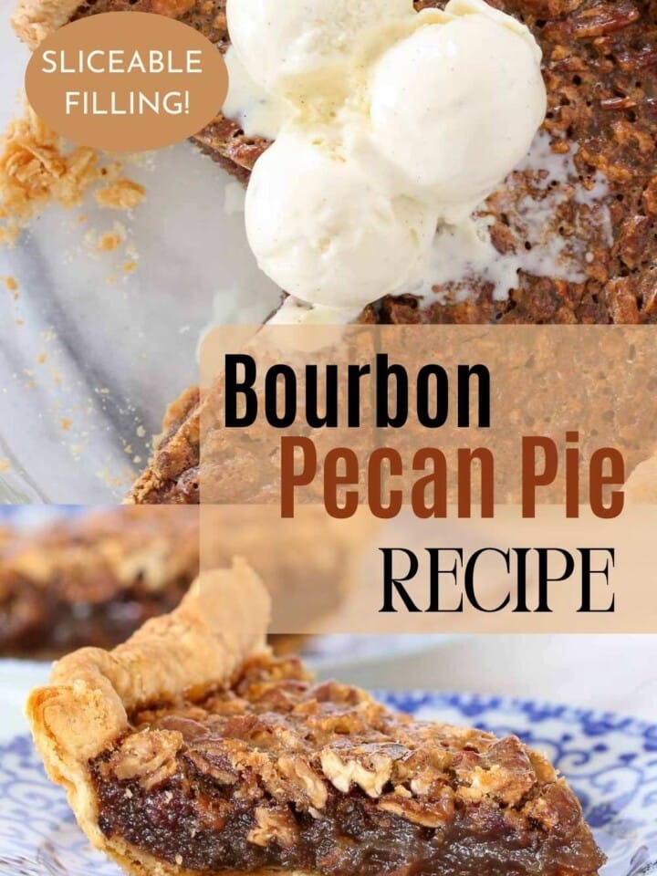 Top-down view of a golden-brown bourbon pecan pie garnished with toasted pecans, perfect for holiday baking.