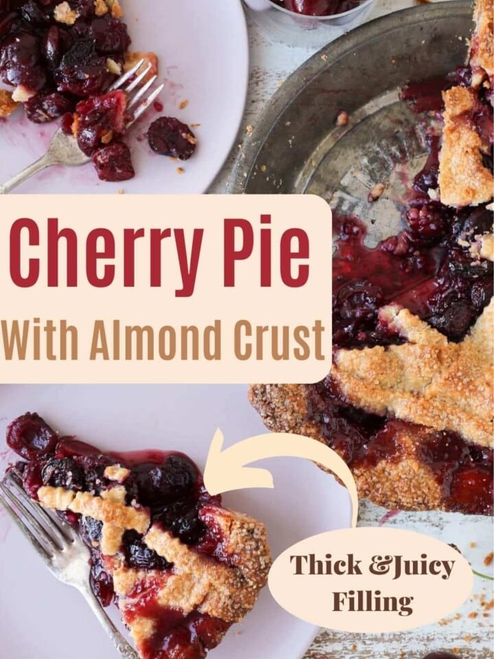 A slice of cherry pie with almond crust on a purple plate, showcasing flaky layers and juicy cherry filling.