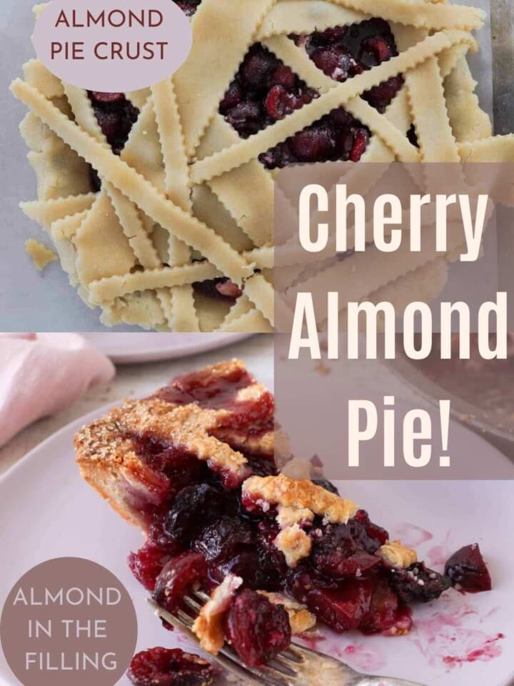 Cherry pie in an almond crust, topped with a lattice design and surrounded by fresh cherries and almonds.
