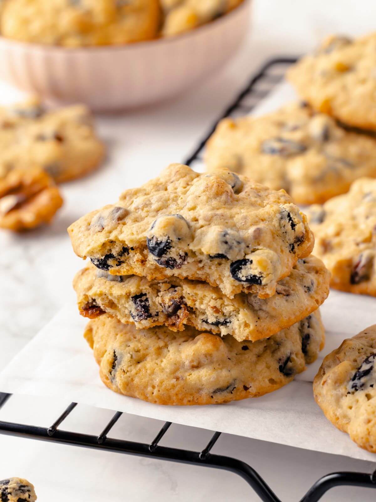 A stack of hermit cookies showing their soft and chewy texture.