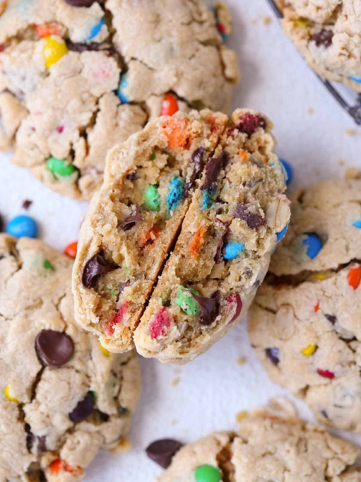 Monster cookies studded with colorful M&Ms, chocolate chips, and oats for a rich texture.