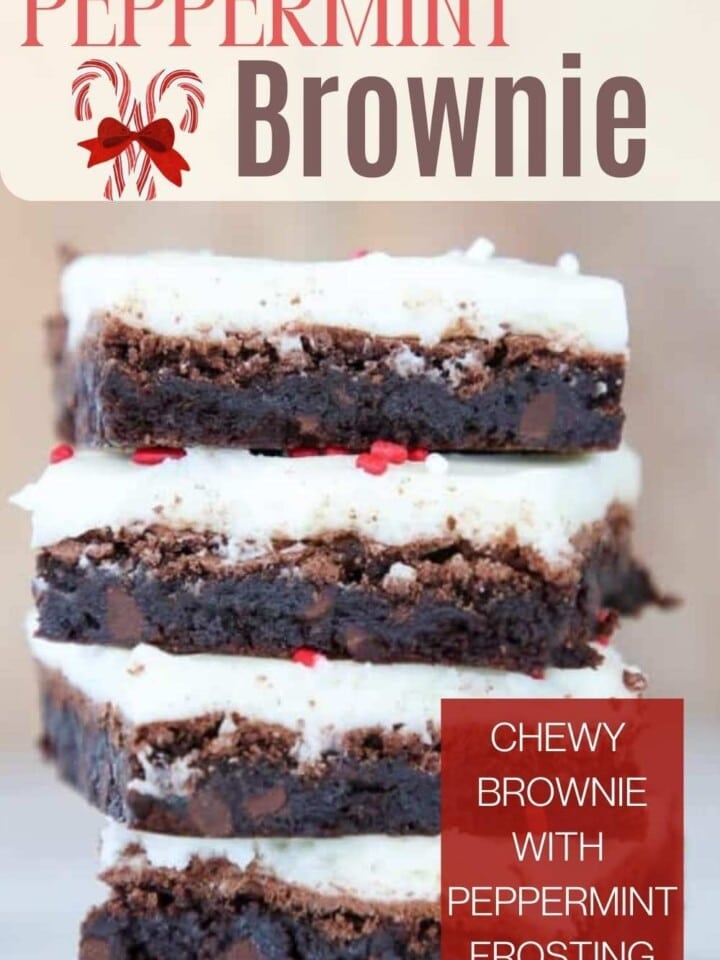 A close-up of peppermint brownies with crushed candy canes on top, perfect for holiday baking.