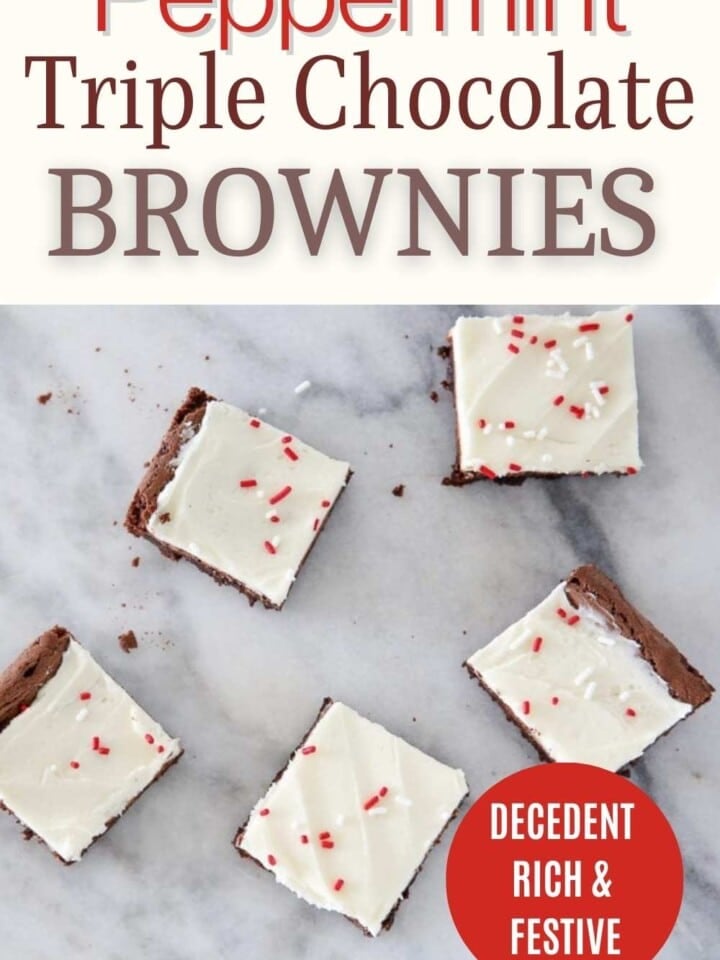 Chewy chocolate brownies topped with peppermint pieces, ideal for a Christmas dessert table.