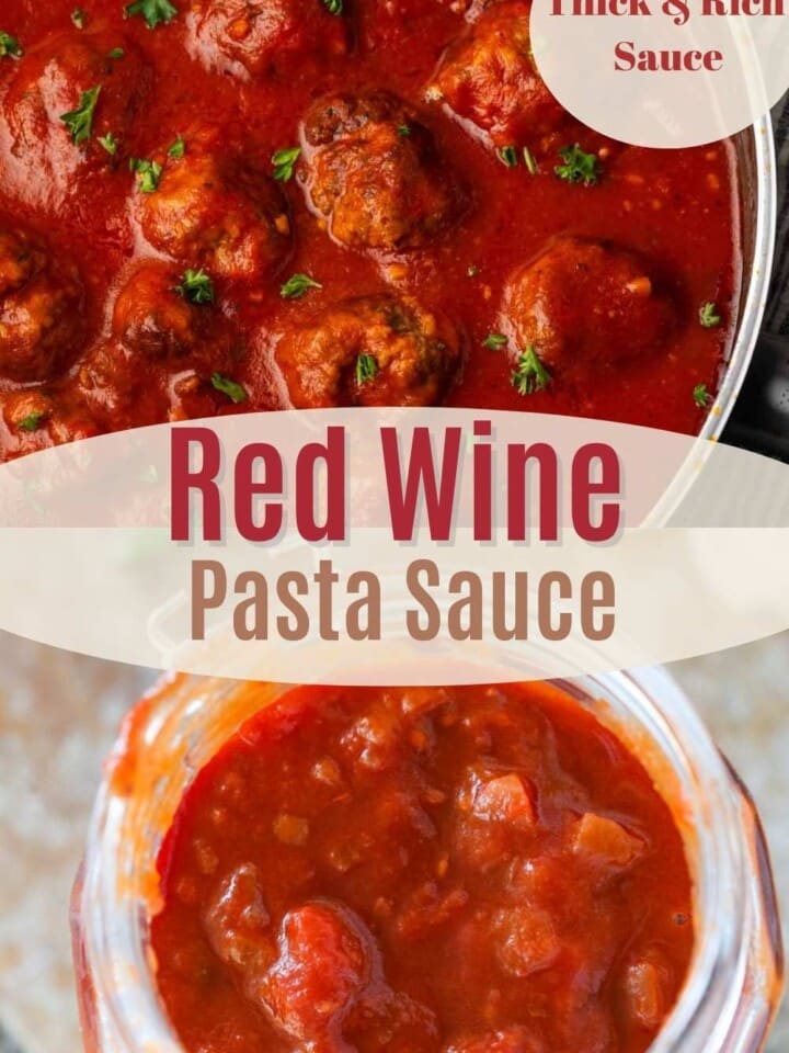 A saucepan of red wine pasta sauce simmering on the stove.