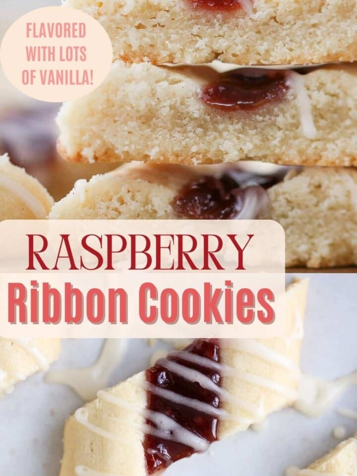 A plate of raspberry ribbon cookies with a golden-brown finish and glossy raspberry filling in the center.