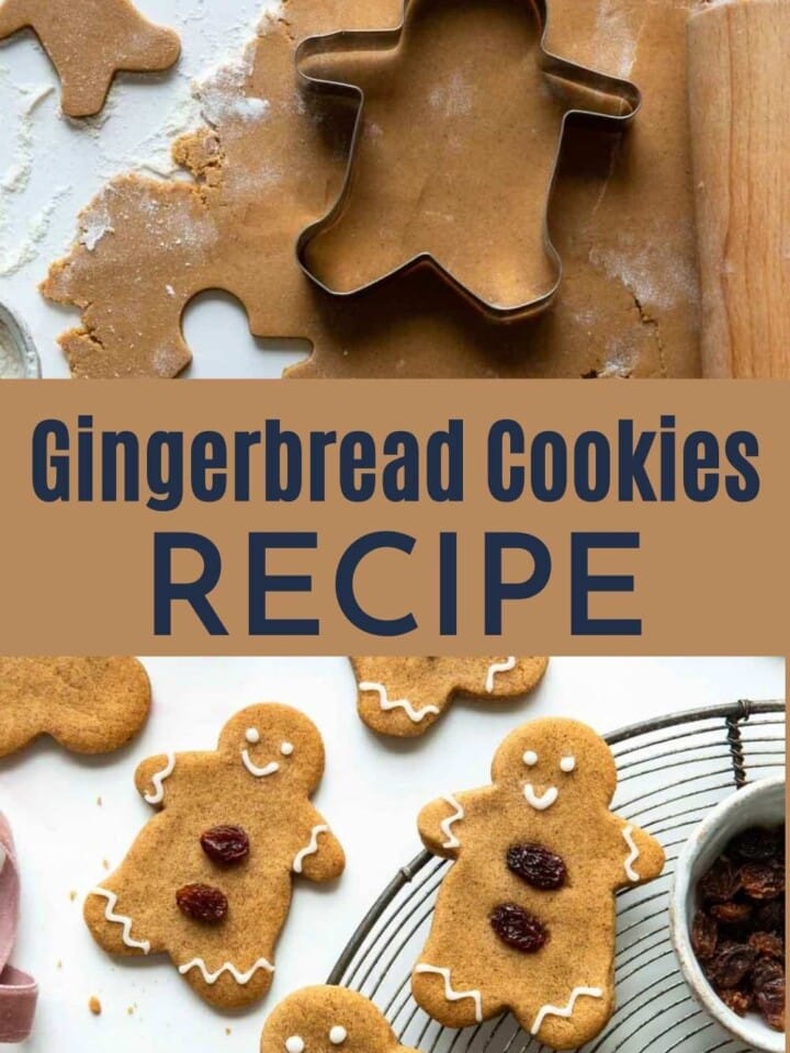 Freshly baked gingerbread cookies arranged on a cooling rack, with a bowl of raisins in the background.