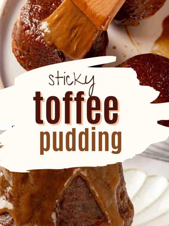 Date-filled sticky toffee pudding with a golden caramel sauce dripping over the edges.